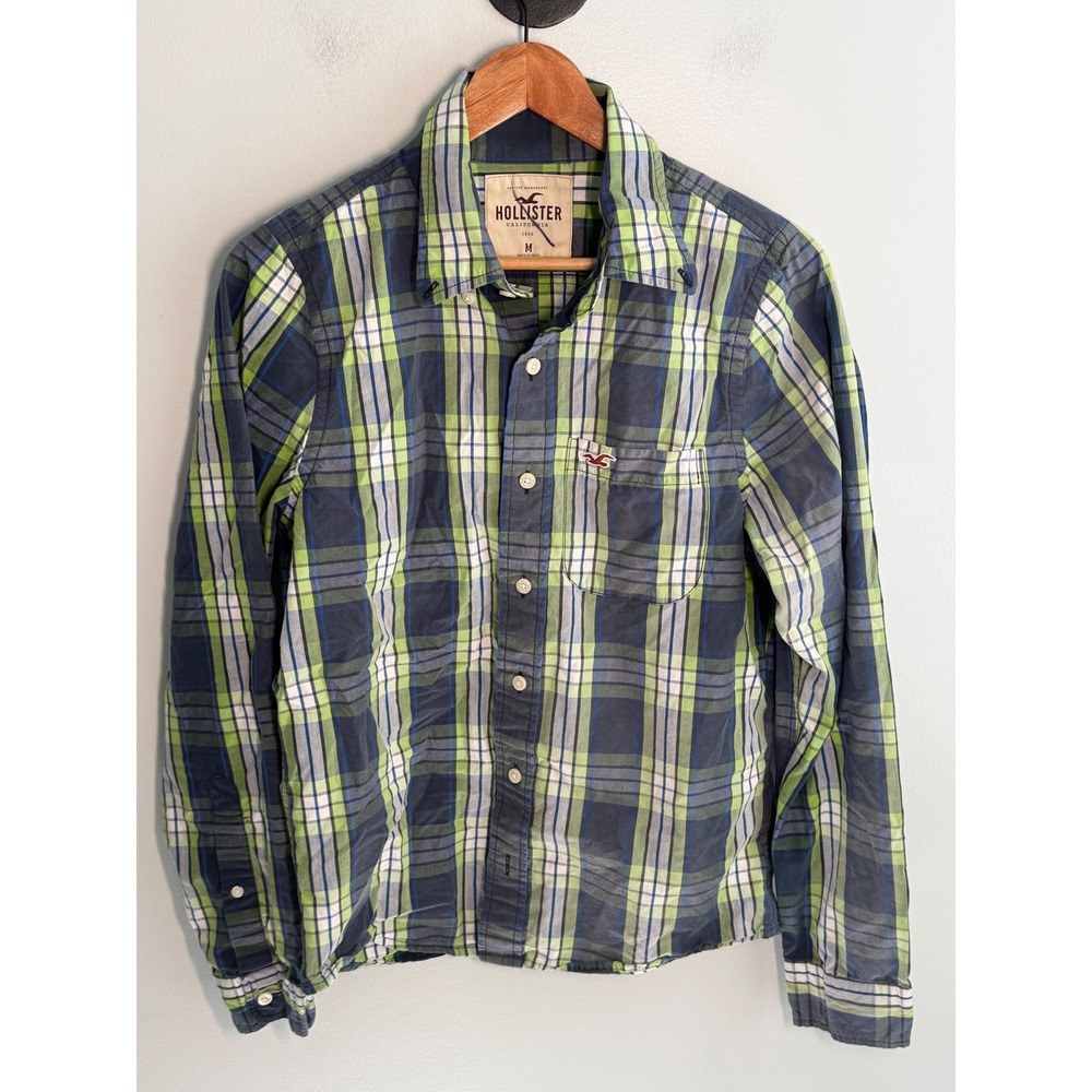 Hollister Mens Plaid Button Down Shirt Long Sleeve Green Navy Blue Size M